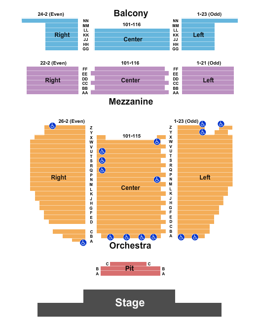 Reserved seating chart for Sunrise Theatre: orchestra, boxes, mezzanine, and balcony